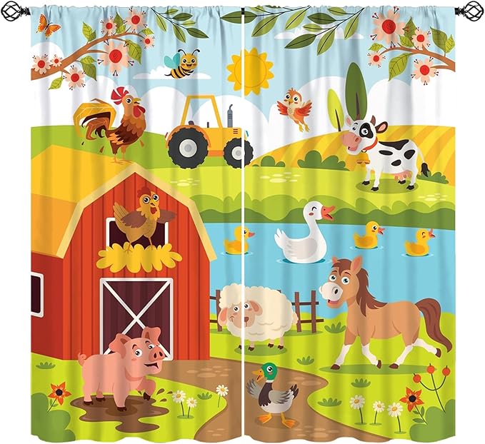 Farmhouse Curtains, Farm Scene Cartoon Animals Pattern Blackout Window Treatments, Rod Pocket Thermal Insulated Drapes 2 Panel Sets for Children Boys Bedroom Nursery Classroom, 63" W X 63" L