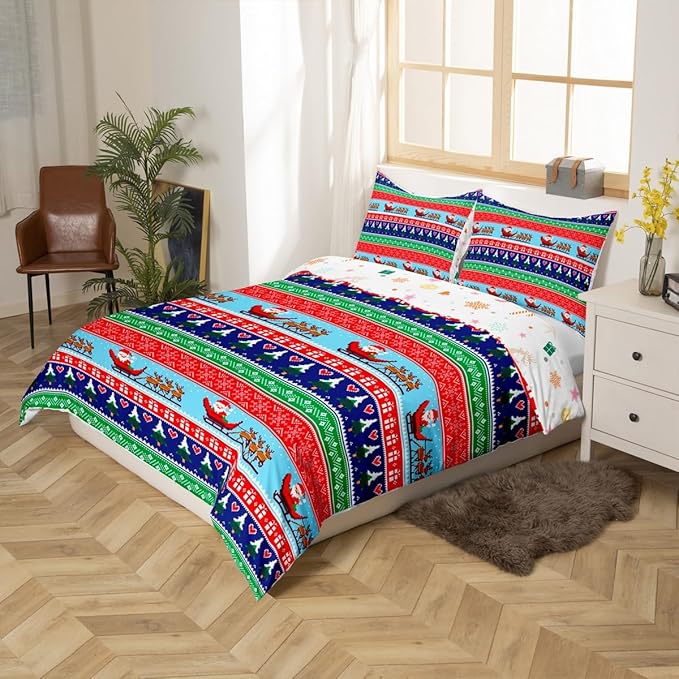 Feelyou Christmas Duvet Cover Cartoon Santa Claus Deer Bedding Set for Kids Boys Girls Teens Room Decor Christmas Tree Comforter Cover Set Exotic Ethnic Pattern Bedspread Cover 2Pcs Zipper Twin Size