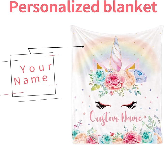 Personalized Unicorn Blanket with Name for Girl, Custom Name Blanket for Teen, Soft Flannel Pink Unicorn Toddler Blanket Customized Gift for Birthday 50''x60''