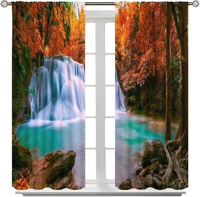 Autumn Forest Waterfall Blackout Curtains, Fall Leaves Trees Jungle Country Nature Landscape Window Drapes, for Bedroom Living Room 55" W X 63" L