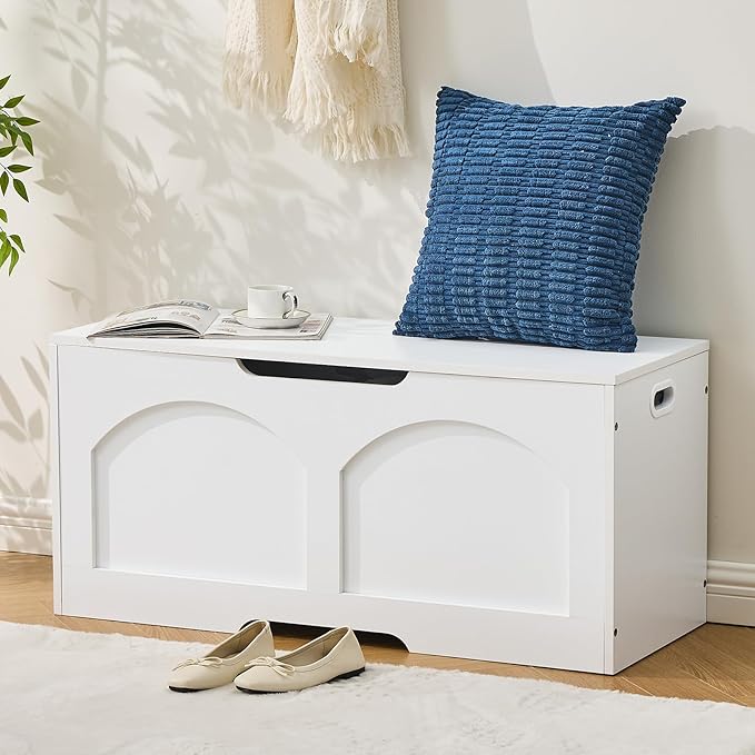 39.4" Storage Chest, Wooden Storage Bench Trunk, Upgraded Safety Lift Support Hinge, Large Entryway Bench Box, Supports 330 lb U-Shaped Opening for Entryway, Hallway, Living Room, Ivory White