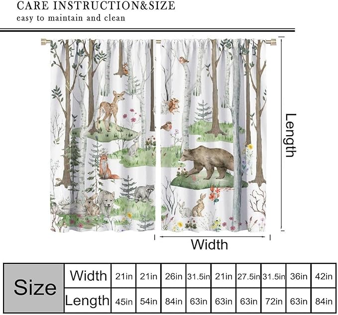 YCness Woodland Animals Curtains, Wild Animals Watercolor Forest Bear Deer Fox Rabbit Floral Nature Window Treatments for Bedroom Kitchen Nursery Living Room Drapes, 63x63 Inch