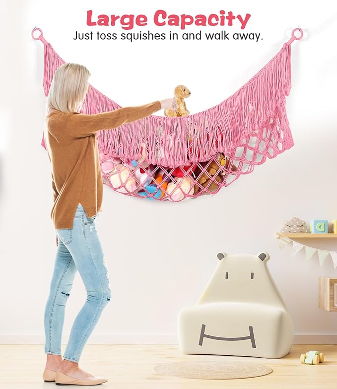 Stuffed Animal Hammock - Extra Large 56'' Long, Stuffed Animal Storage, stuffed animal Holder net, Toy Hammock Large, Toy Storage Hanging Organizer - Pink