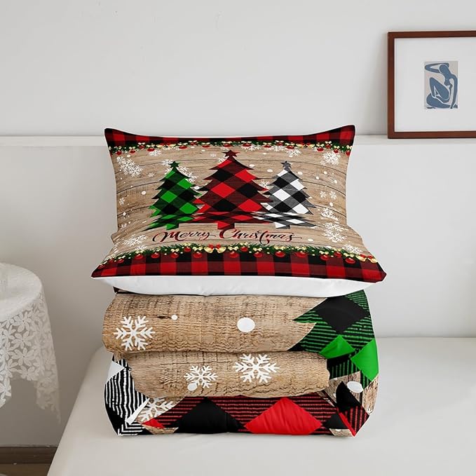 Manfei Plaid Tree Comforter Set King Size, Wooden Stripe Print Bedding Set 3pcs for Kids Boys Girls Bedroom Decor, Christmas Theme New Year Quilt Set with 2 Pillowcases