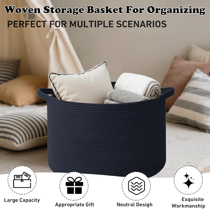 Large Blanket Basket for Organizing,65L Closet Organizers and Storage Bins Box for Shelves Woven Rope Storage Baskets,Living Room,Bedroom,Dorm,Laundry room (Navy)