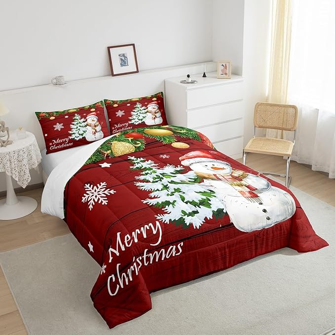 Manfei Christmas Comforter Set King Size, Cute Snowman Tree Print Quilt Set with 2 Pillowcases, New Year Theme Rustic Style Xmas Bedding Set 3pcs for Kids Boys Girls Bedroom Decor