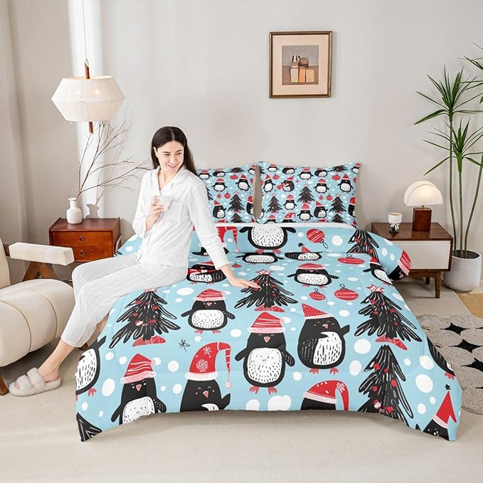 Feelyou Christmas Comforter Set All Season Penguin Bedding Set with 1 Pillow Cases Xmas Tree Microfiber Kids Toddler Bedclothes Christmas Balls Bedroom Decor Duvet Quilt Breathable Soft Lightweight