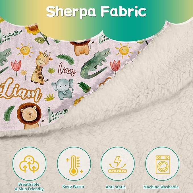 Custom Safari Animals Blanket Gift, Personalized Baby Blanket with Name, Soft Plush Flannel/Sherpa Fleece Throw Blankets for Toddler Kid Teen Boys Girls Color07