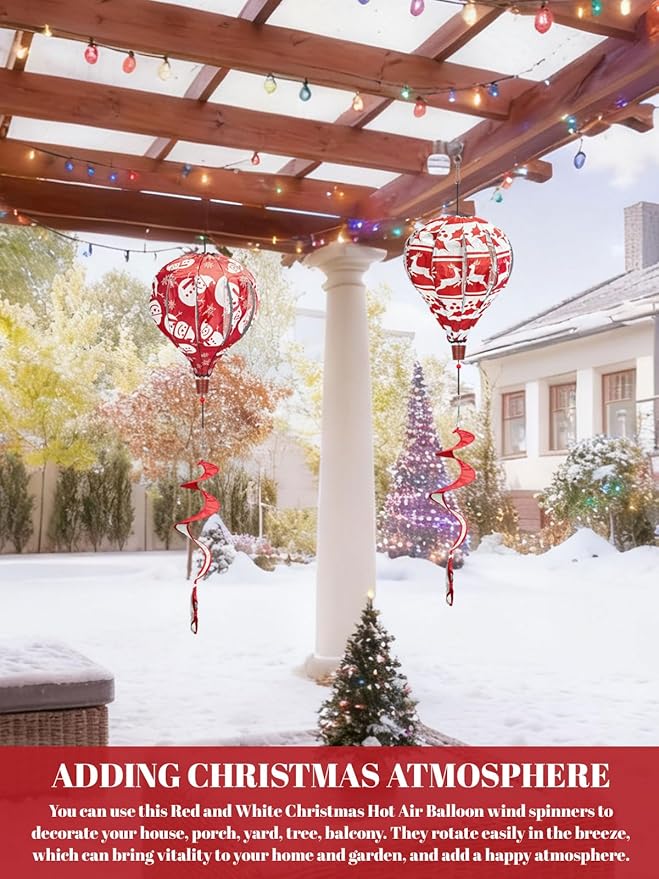 2PCS Giant Christmas Snowman Reindeer Hot Air Balloon Wind Spinners 14" W x 59" H Large Red&White Whirligig Wind Spinner Hanging Ornaments for Yard Garden Lawn Outdoor Decorations