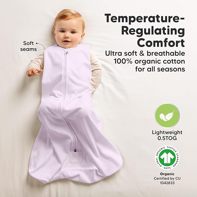 2-Pack Baby Sleep Sacks, Zipper Wearable Blanket - 0.5TOG Organic Cotton, Lightweight, Soft Cozy Toddler Sleeping Sack 6-12 months, Easy to Wear Large Newborn Transition Swaddles Sleepsacks (Lilac)