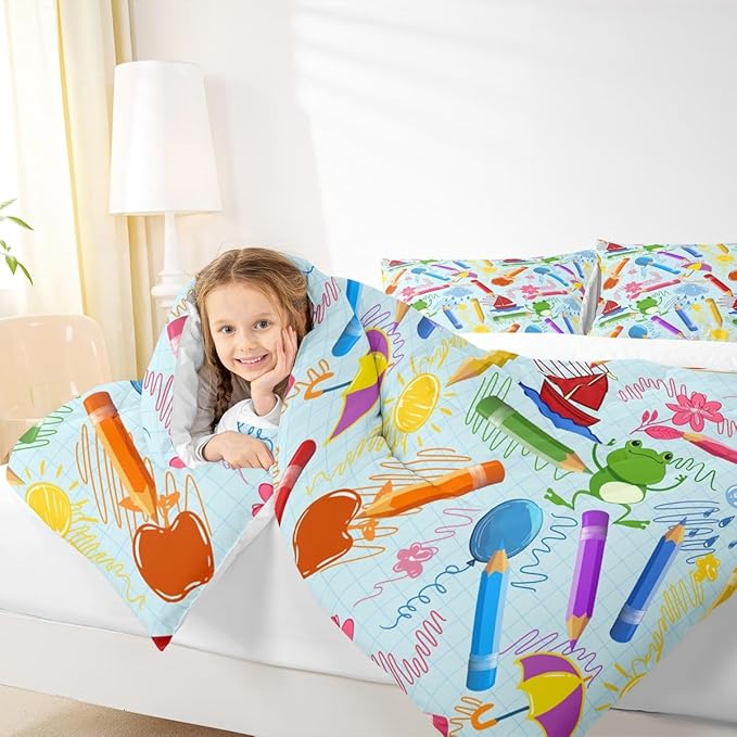 Feelyou Kids Cartoon Pencil Comforter Set King Size, Colorful Nursery Bedding Set Cute Crayon Comforter for Kids Boys Girls Funny Art Printed Duvet Set Durable Bed Set 3Pcs