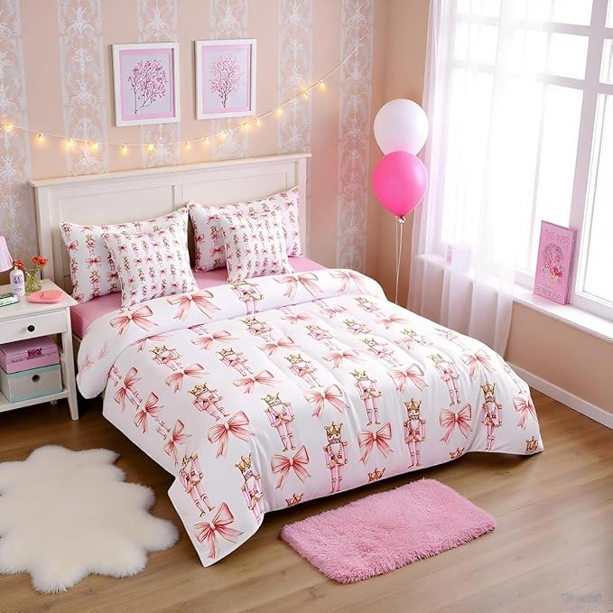 7 Pieces Cartoon Nutcracker Kids Comforter Set Queen,Pink Bowknot Romantic Princess Bedding Set,Ballet Merry Christmas Bow Tie Dreamy（Comforter+Fitted+Flat Sheet+2 Pillowcases+2 Throw Pillow Covers）