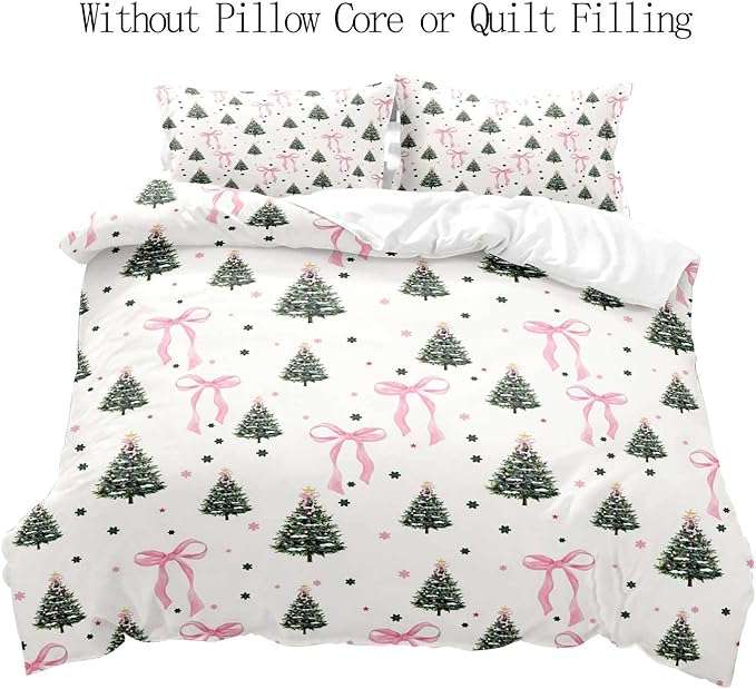 LUVIVIHOME 3PCS Pink Bow Christmas Tree Duvet Cover King Bedding Set, White Duvet Cover, Teen Girls Bedding, Winter Holiday Christmas Comforter Cover, Coquette Room Decor Aesthetic, 2 Pillow Shams