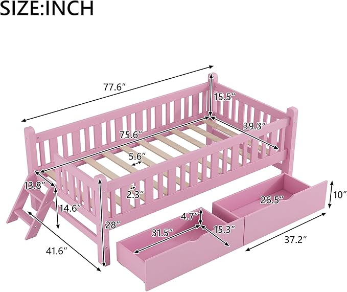LUMISOL Twin Size Bed Frame with Drawers, Wood Twin Size Platform Bed with Guardrail and Slide Ladder, Twin Bed Frames for Girls Boys Teens, Pink Twin Bed Frame
