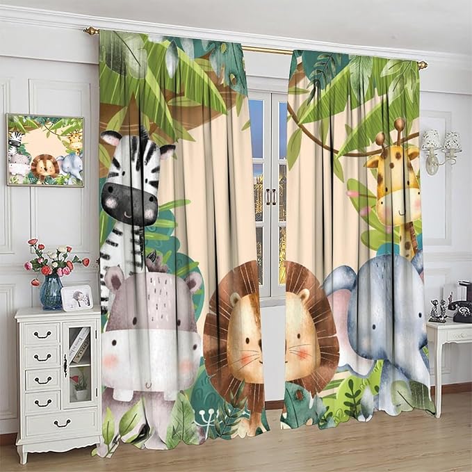 Jungle Animals Curtains Colorful Forest Cartoon Wildlife Lion Giraffe Elephant for Kids Boys Girls Nursery Bedroom Living Room Blackout Rod Pocket Decoration Window Drapes 2 Panels W21xL45in