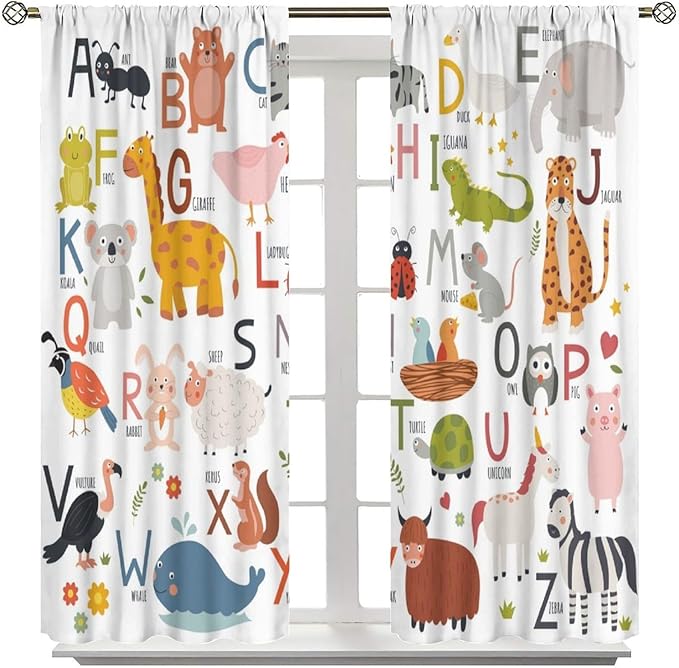 Alphabet Kids Learning Curtains Cartoon Animal Baby Boys Child Educational Curtain with Rod Pocket for Bedroom Nursery Home Decor Drapes Window Treatments 2 Panels Set 72" W X 63" L