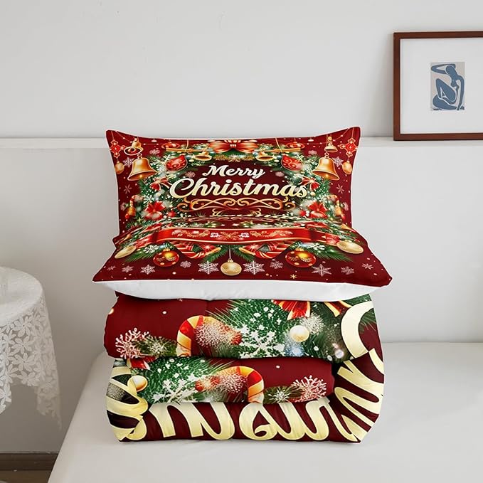 Merry Christmas Comforter Set for Twin Size, Kids Bedding Set with Xmas Wreath & Snowflake Pattern, Glitter Quilt Set of 2, Duvet Insert with 1 Pillowcase