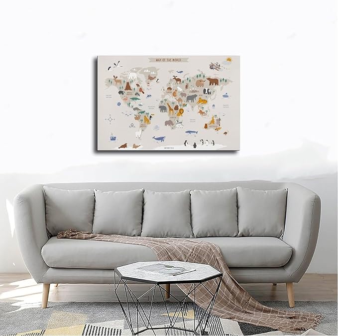 Kids World Map - Playroom Animal World Map - Nursery Educational Poster Canvas Poster Wall Art Picture Paintings for Living Room Bedroom Decoration Frame-style12x18inch(30x45cm)