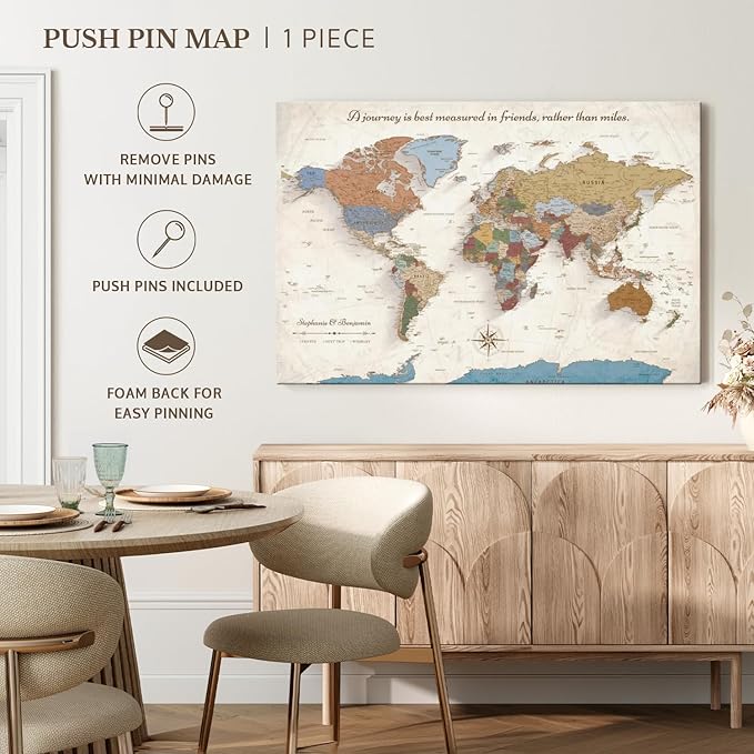 ElephantStock - Personalized Journey V Push Pin World Map Wall Art - Horizontal Canvas Wall Art - Living Room Wall Decor - Digital Art Map Canvas Art - Beige And Orange Decor - 30" x 20"