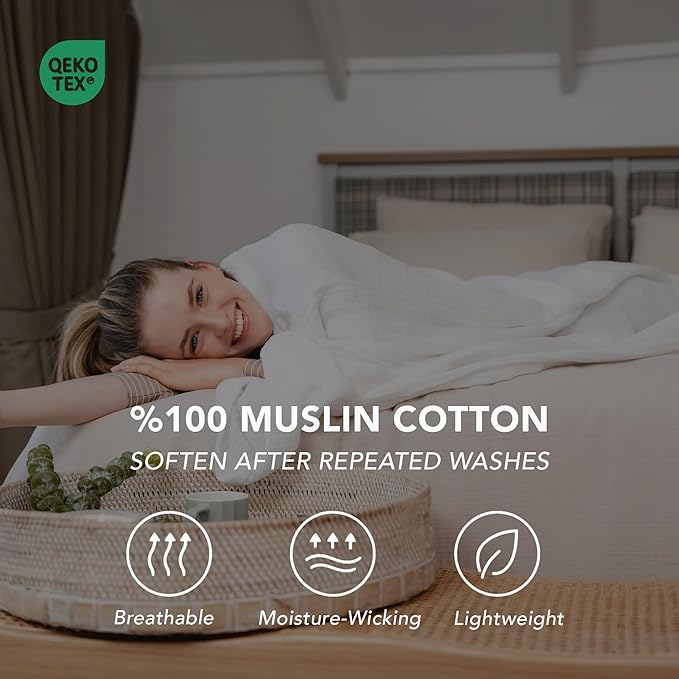 Goqan Muslin Blanket Twin 55x79 – 100% Cotton 4 Layer Boho Muslin Blanket for Adults, Lightweight, Soft, Breathable, for Bed, Couch - White