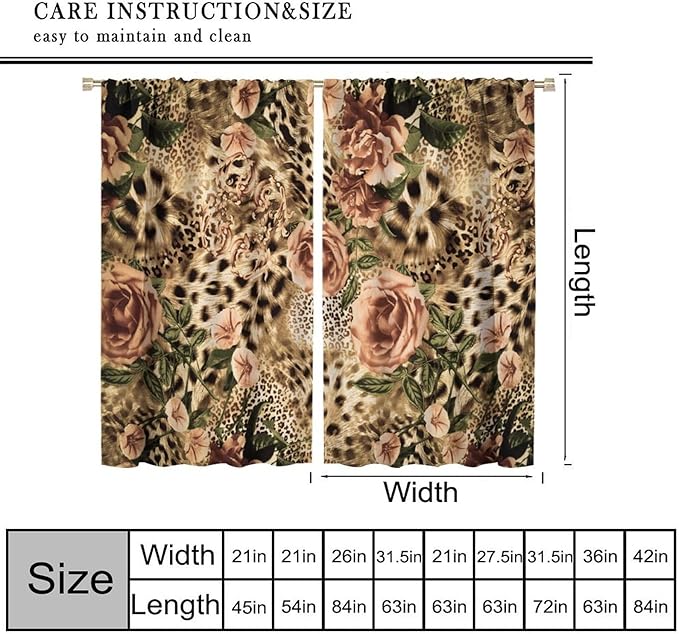 Leopard Floral Blackout Curtains, Cute Boho Floral Cheetah Animal Pattern Safari Natural Theme Window Treatments for Bedroom Living Room 63" W X 63" L