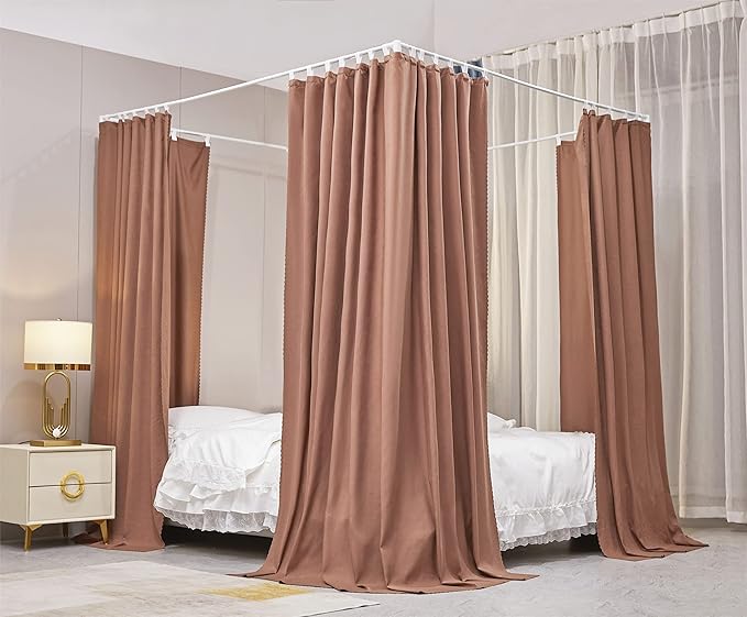 VETHIN Elastic Roof Style Four Corner Post Princess Bed Canopy Curtains Cozy Breathable Tent Canopy Mosquito Net for Girls & Adults Bedroom Decoration (Brown, 59-64" W*82" L*82"*H/(Queen))