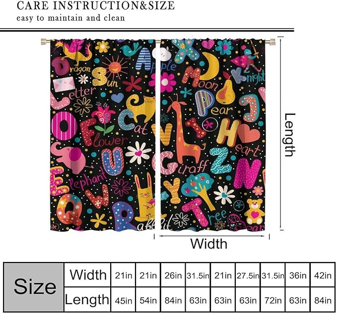 Cartoon Alphabet Curtains Funny Education Animal Giraffe Curtain with Rod Pocket for Bedroom Living Room Home Decor Drapes Thermal Insulated Window Treatments 2 Panels Set 72" W X 63" L
