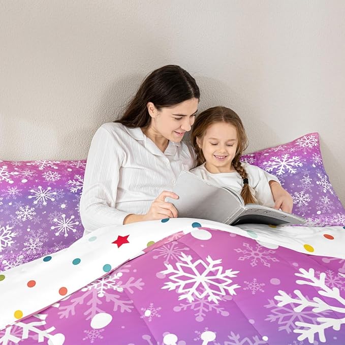 Feelyou Christmas Comforter Set All Season Pink Purple Bedding Set with 2 Pillow Cases Winter Snowflake Microfiber Kids Queen Bedclothes New Year Holiday Bedroom Decor Duvet Quilt Soft Lightweight