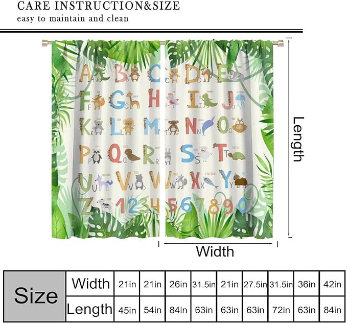 Kids Animal Alphabet Curtain Tropical Plant Alphabet Educational Printed Rod Pocket Blackout Window Drapes for Bedroom Living Room Nursery School 52" W X 84" L