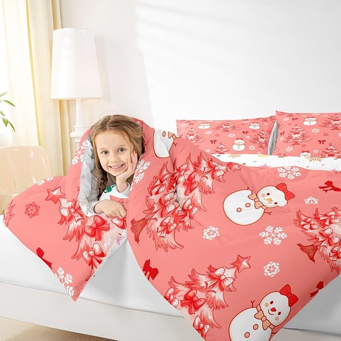 Feelyou Merry Christmas Kids Comforter Set Queen Size Cute Snowman Bedding Set Cartoon Bowknot Duvet Quilt for Kids Boys Girls Bedroom Christmas Tree Decor Microfiber Ultra Soft Breathable