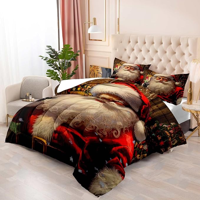 LUVIVIHOME 3PCS Christmas Comforter Set Full Size, Funny Santa Claus Bedding, Teens Boys Girls Kids Bedding, Winter Holiday Happy New Year Merry Christmas Bedroom Decor, Xmas Gifts, 2 Pillow Cases