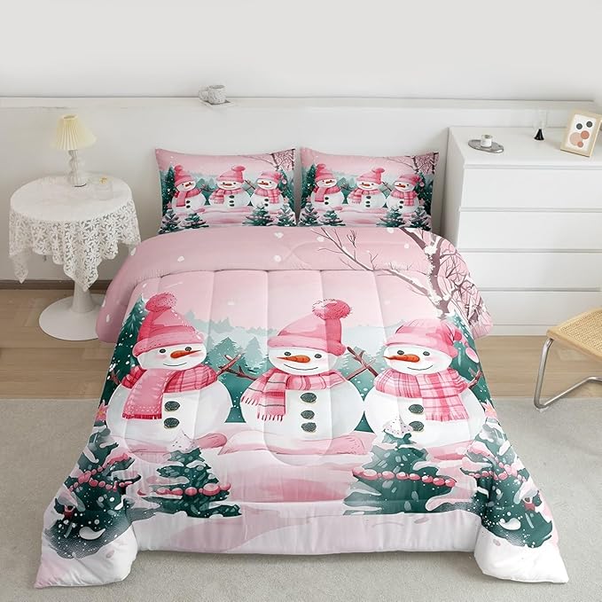 Feelyou Pink Christmas Kids Comforter Set Queen Size Merry Christmas Tree and Snowman Bedding Set Cute Snowman Duvet Quilt for Kids Boys Girls Bedroom Xmas Snowflake Decor Kawaii Soft Breathable