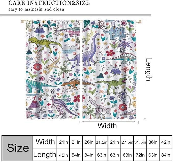 Dinosaur Curtains Cartoon Cool Funny Dino Tropical Plant Leaves Flowers Aesthetics Art Print for Kids Boys Bedroom Living Room Rod Pocket Decoration Window Drapes 2 Panels W21xL45in