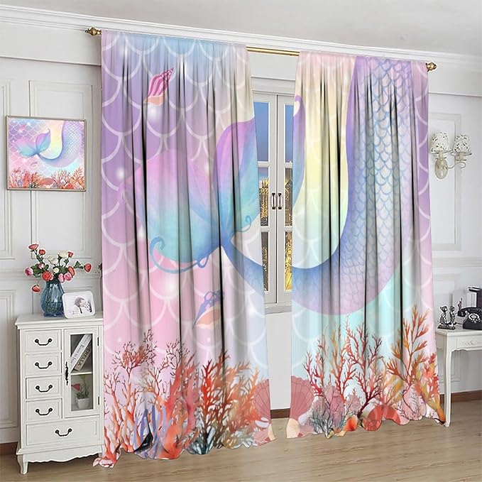 Dream Mermaid Curtains Colorful Mermaid Fish Tail Scale Fantasy Ocean Theme Beautiful Kids Window Treatment for Girls Bedroom Nursery Room Decor Rod Pocket Window Drapes 55x63in