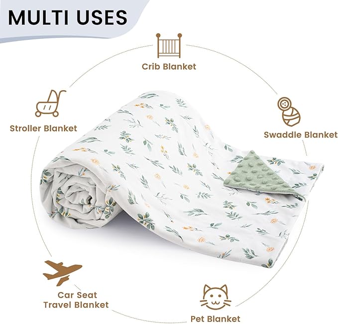 david's kids Micro Fleece Minky Baby Blanket for Boys Girls with Double Layer and Soothing Raised Dots, Breathable and Soft Lightweight Receiving Blanket for Newborns, 30x40 Inches, Leaf & Floral