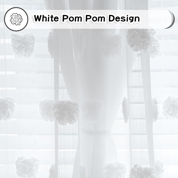 MYSKY HOME Curtains for Living Room and Bedroom - White Pom Pom Sheer Window Panels, 95 Inch Length, Room Darkening, Double Layer, Grommet, Extra Long