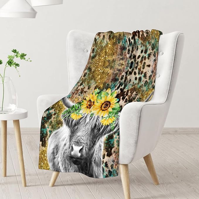 Blanket for Girls Women - 60x50 Inches Aesthetic Highland Cow Throw Blanket for Kids Teens Adults - Dark Soft Fuzzy Leopard Print Blankets Decor for Bed Couch Sofa
