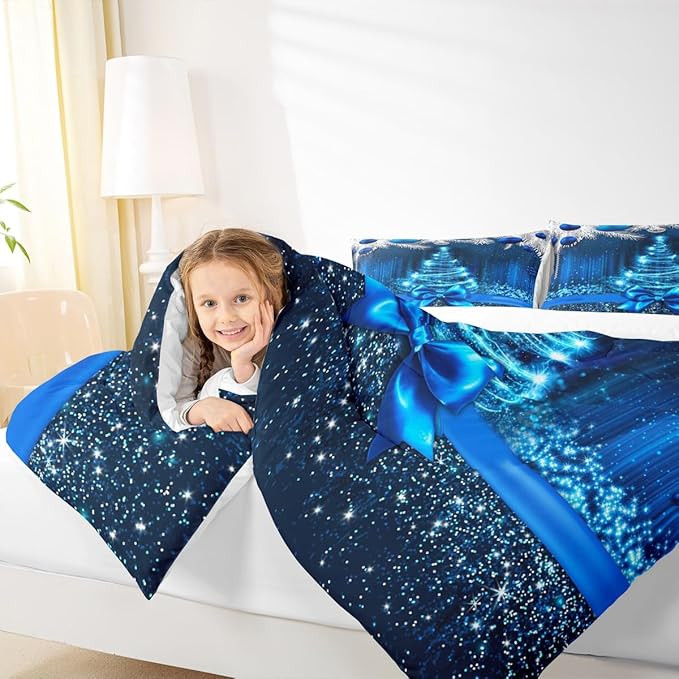 Merry Christmas Kids Comforter Set King Size,Snowflake Christmas Tree Bowknot Bedding Set,Girls Boys Adults Xmas Decor,Blue Gradient Line Glitter Down Comforter,Romantic Duvet Insert,2 Pillowcases