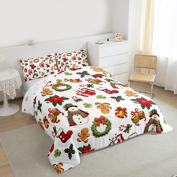 jejeloiu Merry Christmas Comforter Set King Size Cute Snowman Bedding Set for Kids Boys Girls Gingerbread Man Duvet Quilt White Bedroom Decor