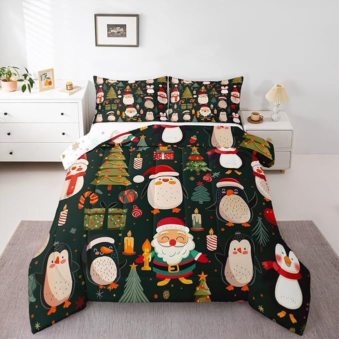 Feelyou Christmas Bedding Set Soft for Boys Girls, Penguin Santa Comforter Set Full Size Xmas Tree Snowflake Duvet Quilt Microfiber New Year Gift Bedroom Decor 3 Pcs with 2 Pillow Cases