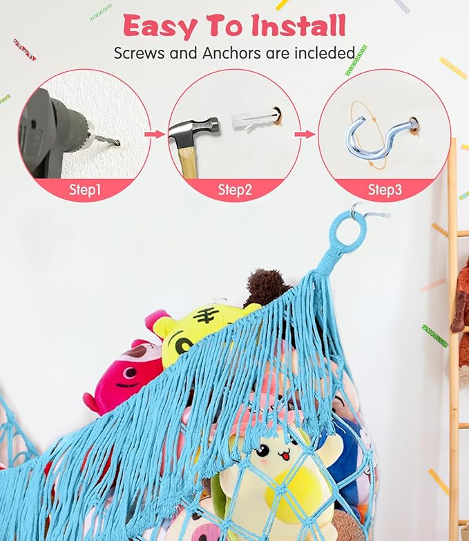 Stuffed Animal Hammock - Extra Large 56'' Long, Stuffed Animal Storage, stuffed animal Holder net, Toy Hammock Large, Toy Storage Hanging Organizer - Blue