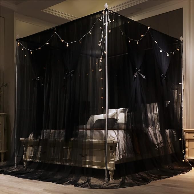 VETHIN 4 Corners Post Princess Bed Canopy Curtain Double Layer Cozy Drape Netting 4 Opening Mosquito Net for Girls & Adults Bedroom Decoration Accessories (Double Black, 59" W*82" L*82"*H/(Queen))