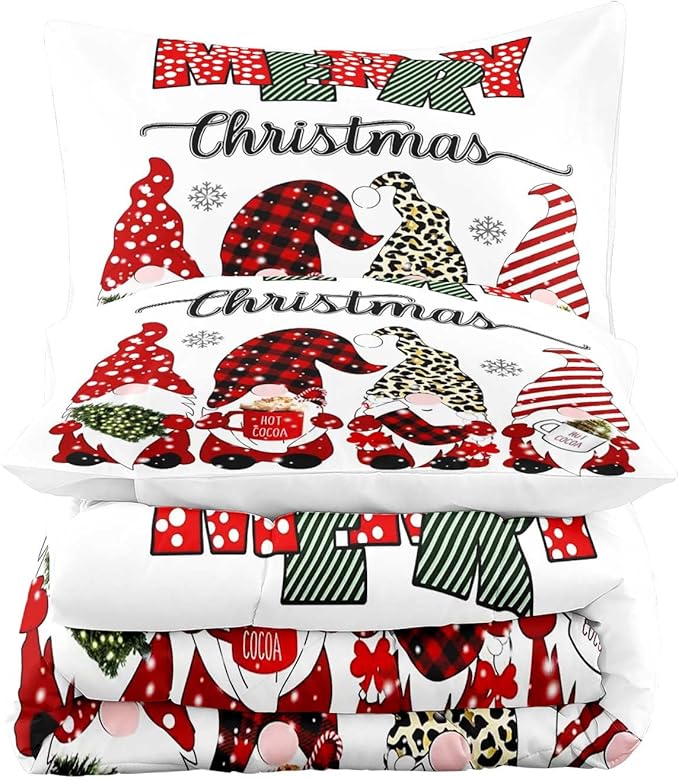 LUVIVIHOME 2PCS Merry Christmas Comforter Set Twin Size, Cute Gnome Bedding, Red Buffalo Plaid Striped Holiday New Year Xmas Bedding, Boys Girls Teens Kids Bedroom Decor, White Quilt, 1 Pillow Case