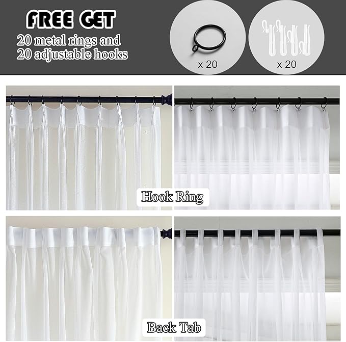 White Sheer Curtains 108 Inches Long Extra, Thin Textured Linen Look Window Sheers, Pinch Pleated Drapes for Living Room, Sliding Glass Door Curtain with Rings & Hooks & Back Tab