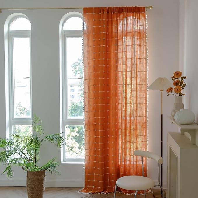 Deeprove Boho Curtains 96 Inches Long for Bedroom Living Room, Cotton Linen Plaids Textured Semi Blackout Bohemian Farmhouse Fall Window Treatment Grids Drape Tassels, 1 Panel W52 x 96, Burnt Orange