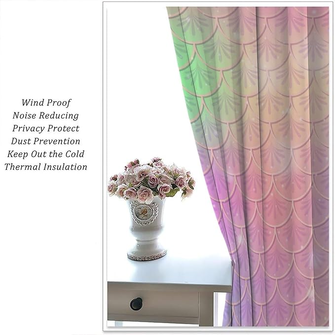 Mermaid Curtains, Kids Cartoon Watercolor Sea Animals Mermaid Princess Scales Pattern Print Living Room Decoration for Kids Girls Bedroom Nursery 55x63 Inch