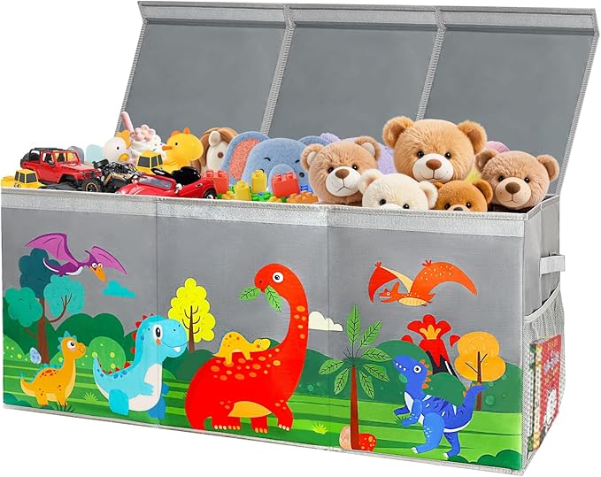 Extra Large Toy Box Chest with Lids, Collapsible Toy Storage Organizer for Kids, Dinosaur Toy Bin Box for Toddlers Boys Girls, Toy Organizer for Living Room Nursery Playroom Bedroom Home Gray