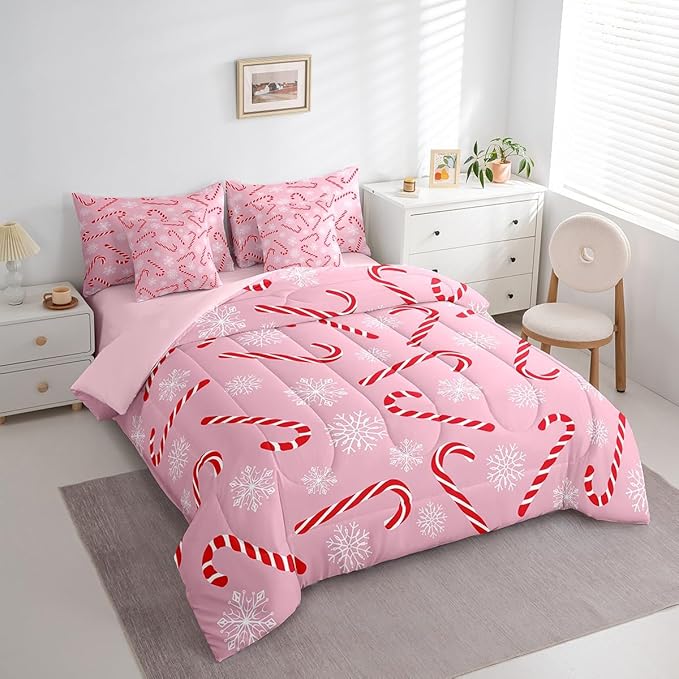 Erosebridal Xmas Candy Cane King Bedding Set 7 Piece,Merry Christmas Bed in A Bag for Kids Boys Girls,White Snowflake Comforter Set Pink Christmas Ornaments Sheet Set with Comforter