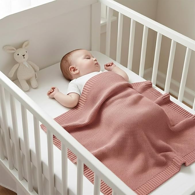 Baby Knit Blanket Soft Cotton Lightweight Newborn Blanket for Crib Stroller Toddler Nursery Shower Gift Cozy Breathable Travel Swaddle Wrap Rose Pink 30 x 30 Inches