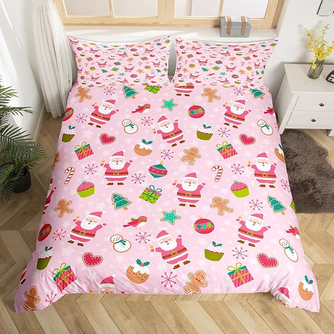 Manfei Christmas Duvet Cover Set King Size, Santa Claus Xmas Trees Snowflake Comforter Cover with 2 Pillowcases, New Year Pink Bedding Set 3pcs for Kids Girls Lightweight Bedspread Cover,No Comforter